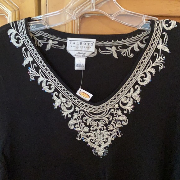NWT Talbots sweater Black w/ embroidery sequins Lg - Picture 2 of 7